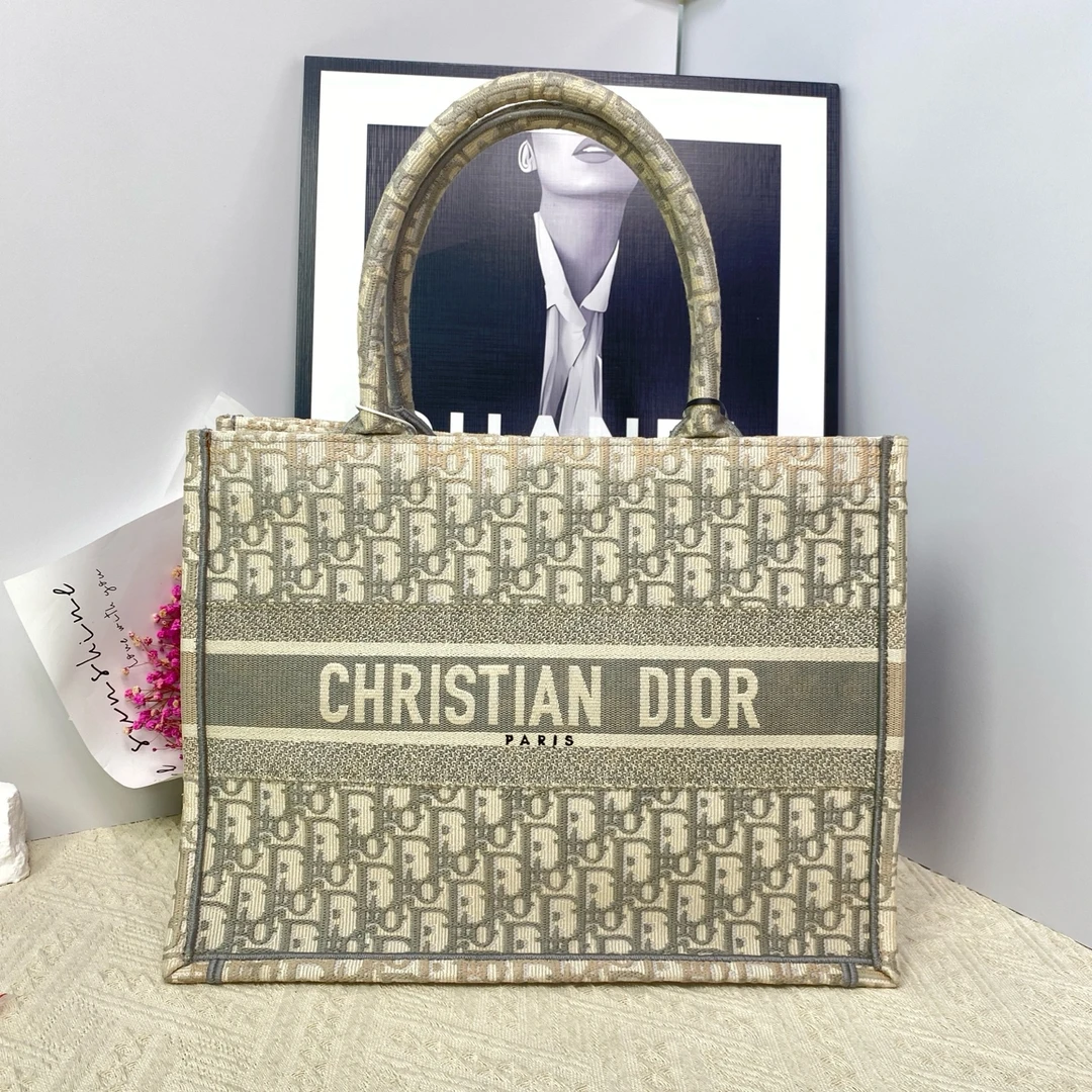 95新 DIOR/迪奥 22年灰色老花中号帆布托特包手提包16486401