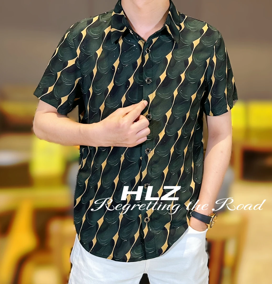 2025夏季新款男士时尚休闲薄款个性斜跨波浪纹纽扣款翻领短袖衬衫