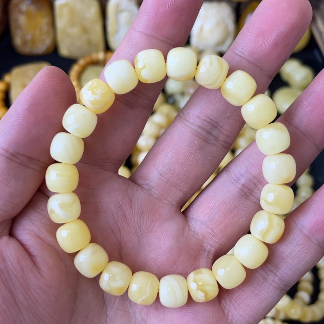 琥珀未镶嵌手串9+俄料妖白花蜡精工老型手串（微瑕）