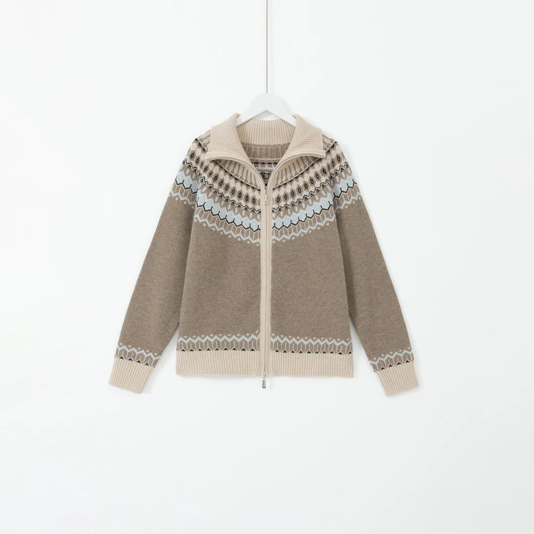 几里与麻 几何提花翻领拉链毛织开衫 衣长57胸围110 2111046