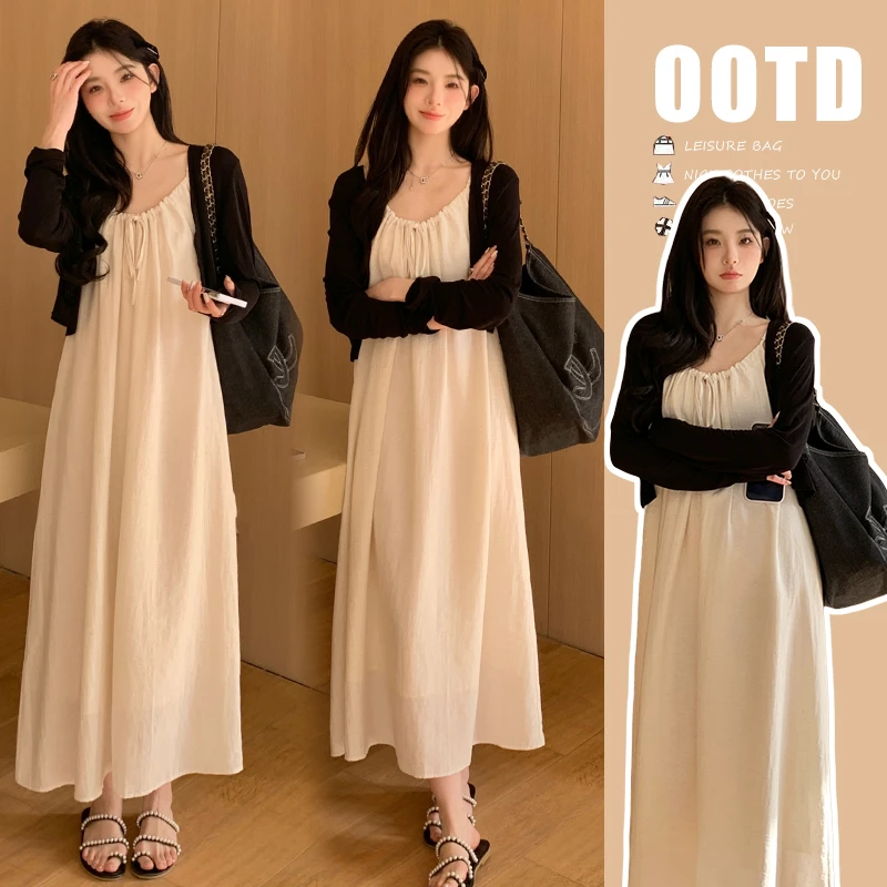 小个子~2025春夏新品韩版时尚宽松系带吊带裙+防晒开衫两件套裙
