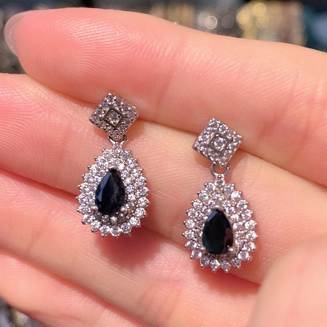 耳饰蓝宝石银S925镶嵌天然蓝宝石