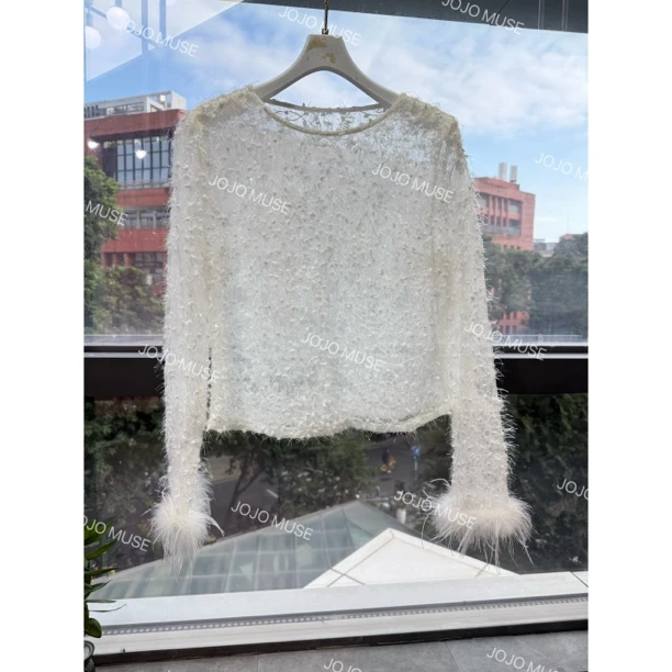 JOJO MUSE【清羽霓裳】毛球流苏羽毛长袖小上衣