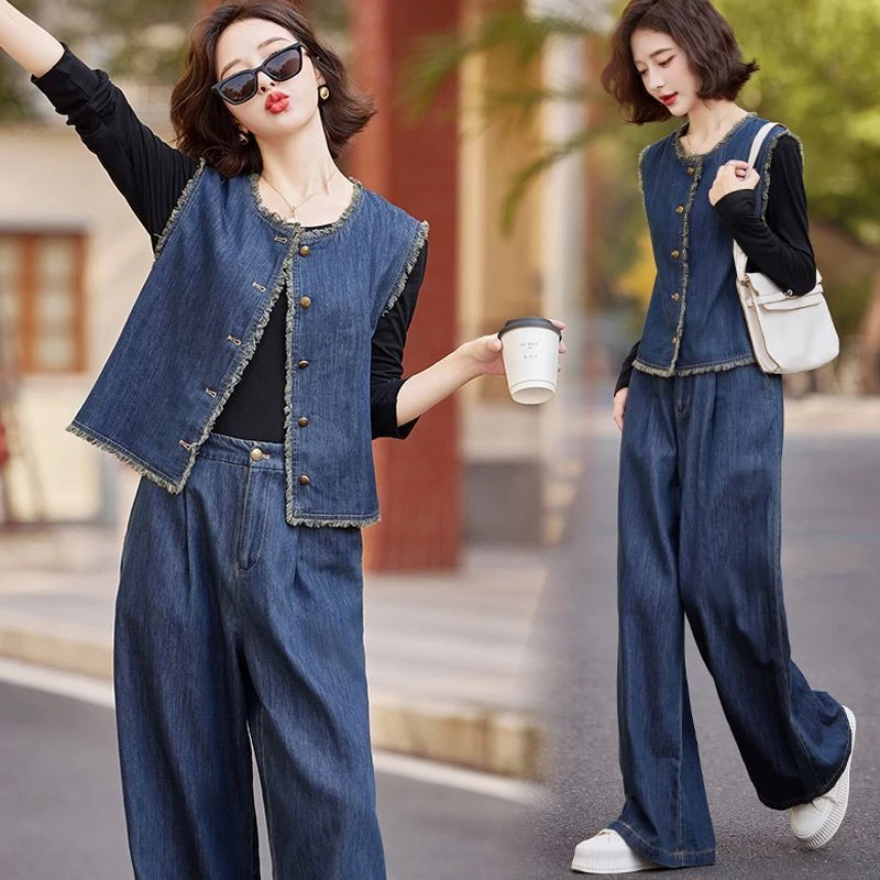 韩系复古毛边无袖背心气质减龄牛仔马甲女春秋宽松百搭休闲马夹