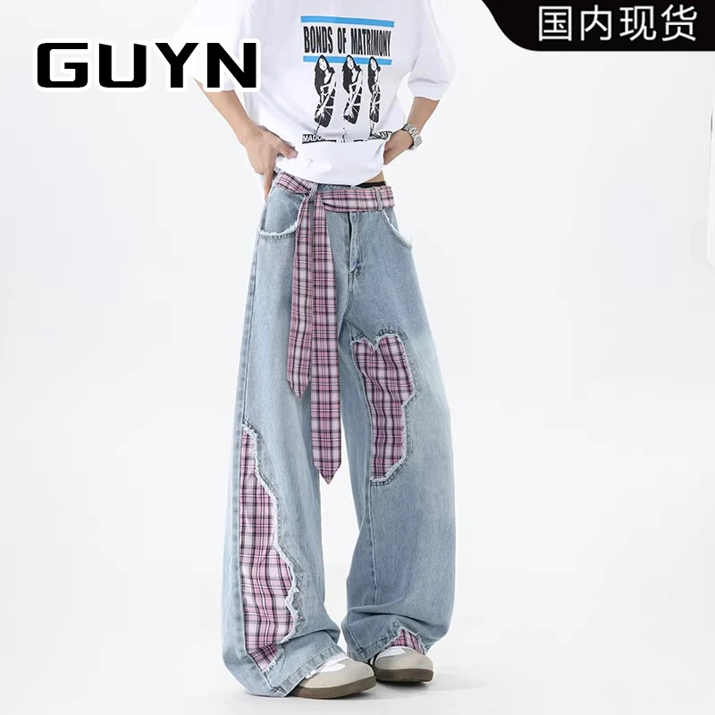 【品牌现货】GUYN设计感破坏牛仔裤夏季薄款美式高街格子拼接直筒裤