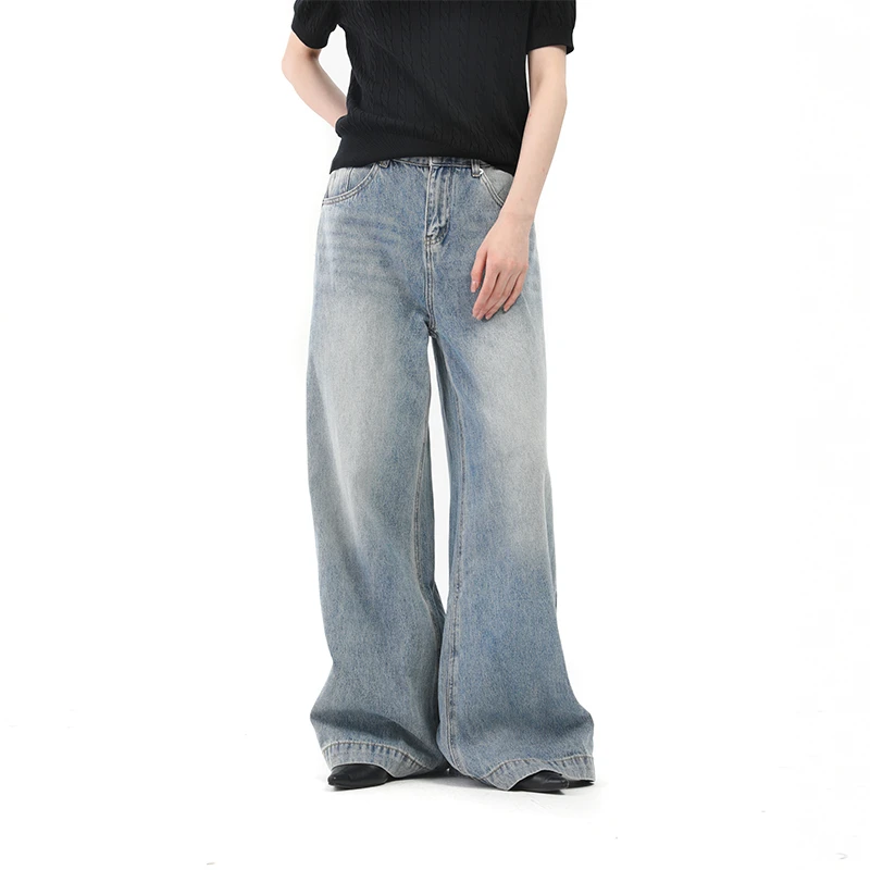 COIE25新款四季复古浅色直筒牛仔裤女宽松垂感高腰阔腿拖地裤