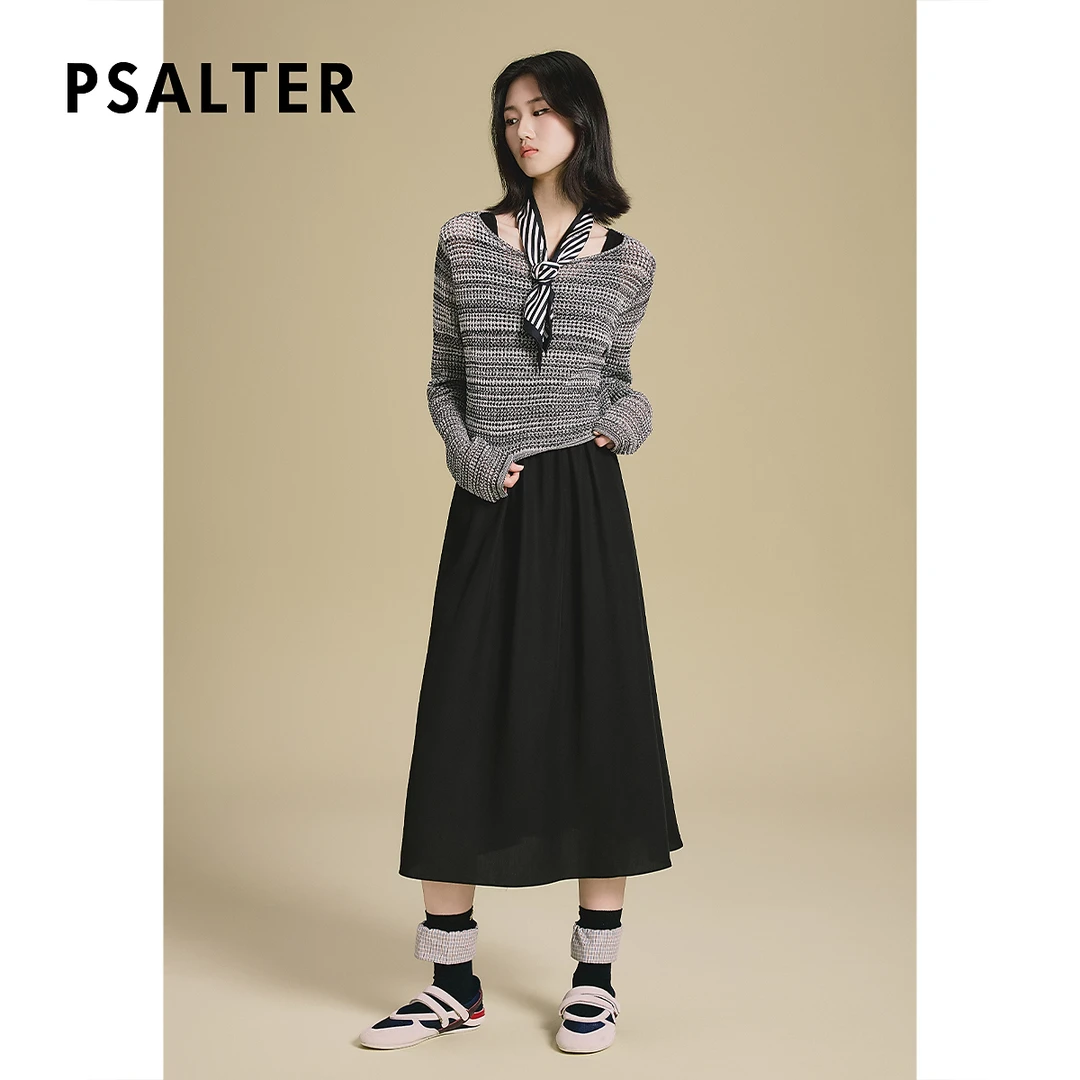 诗篇专选长袖镂空针织罩衫无袖U领小黑裙两件套2025新款