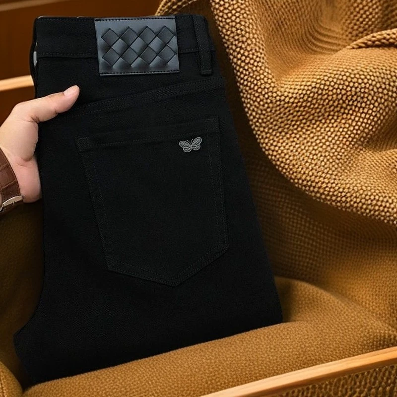 【黑武士】巴黎潮牌秋冬新款黑金牛仔裤男士修身小脚休闲裤加绒加厚
