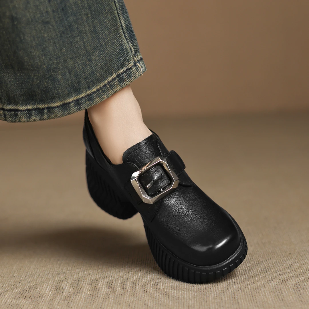 7.5cm小个子久穿不累脚厚底坡跟鞋圆头皮带扣玛丽珍鞋黑色小皮鞋