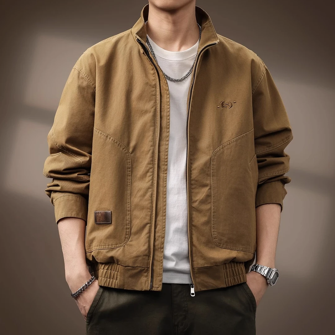 潮龛高端美式复古立领工装夹克男2025新款重磅简约刺绣休闲外套男
