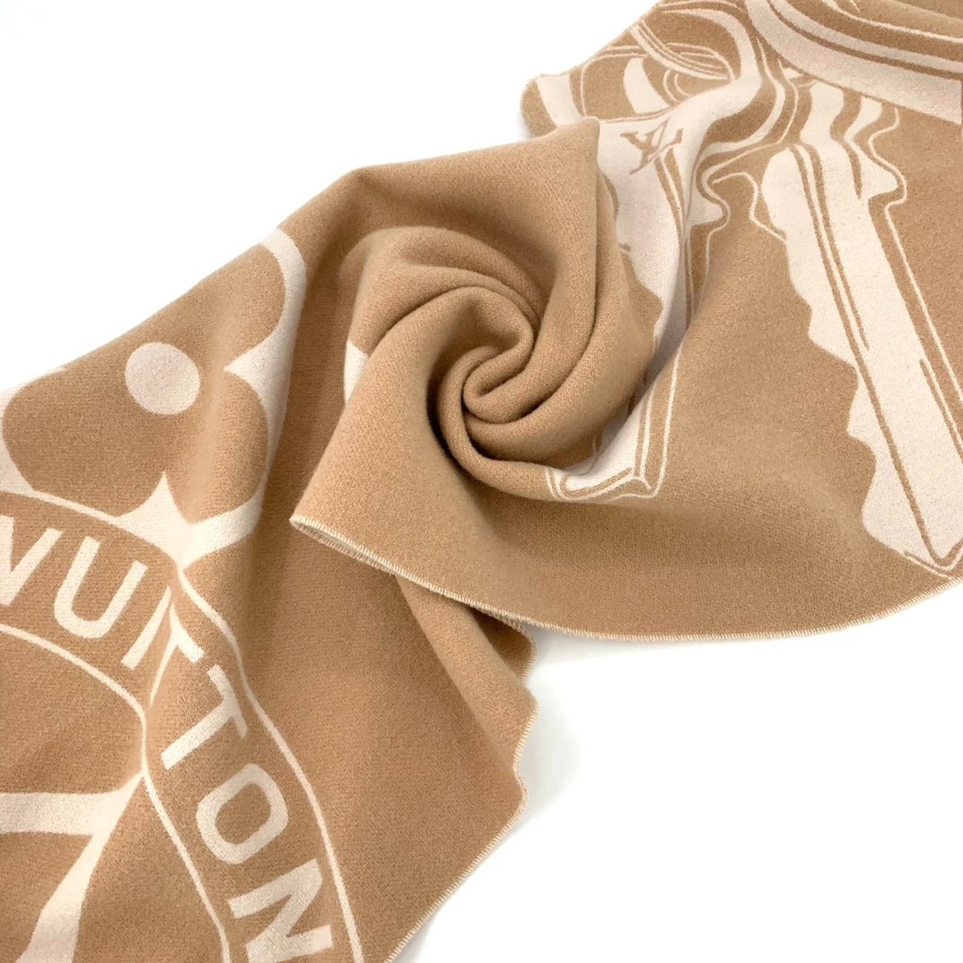 99新 LouisVuitton/路易威登 J14005 浅棕色印花流苏围巾195*45cm