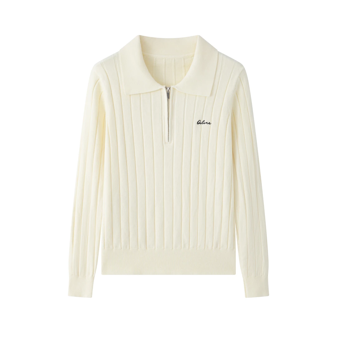 花倾慕老钱风毛衣半拉链POLO领刺绣字母长袖套头针织衫女