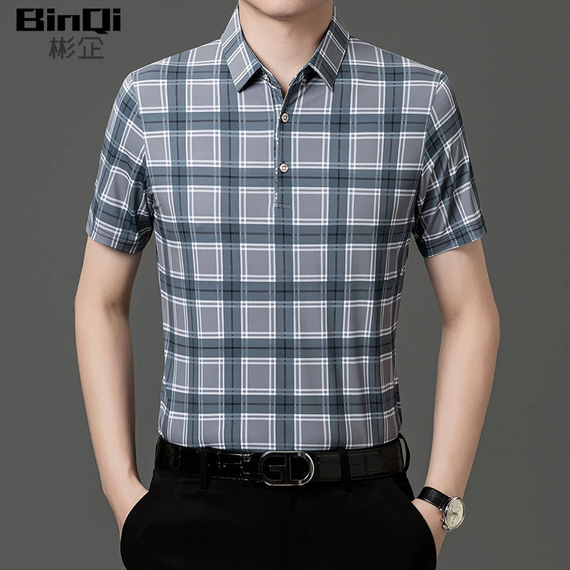 夏季男士短袖polo杉宽松无痕冰丝男士短袖格子T恤免烫透气舒适潮