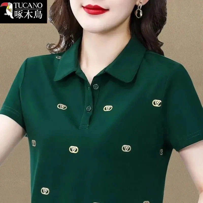 啄木鸟~中年妈妈夏装短袖小衫洋气POLO衫中年女装夏季减龄t恤上衣