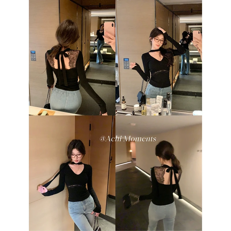 ACHI大也池◆心动猎手~蕾丝拼接针织绑带上衣