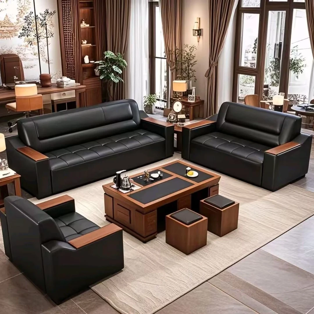 极简现代办公室接待室会议室客厅家用茶几多人座组合真皮沙发海绵