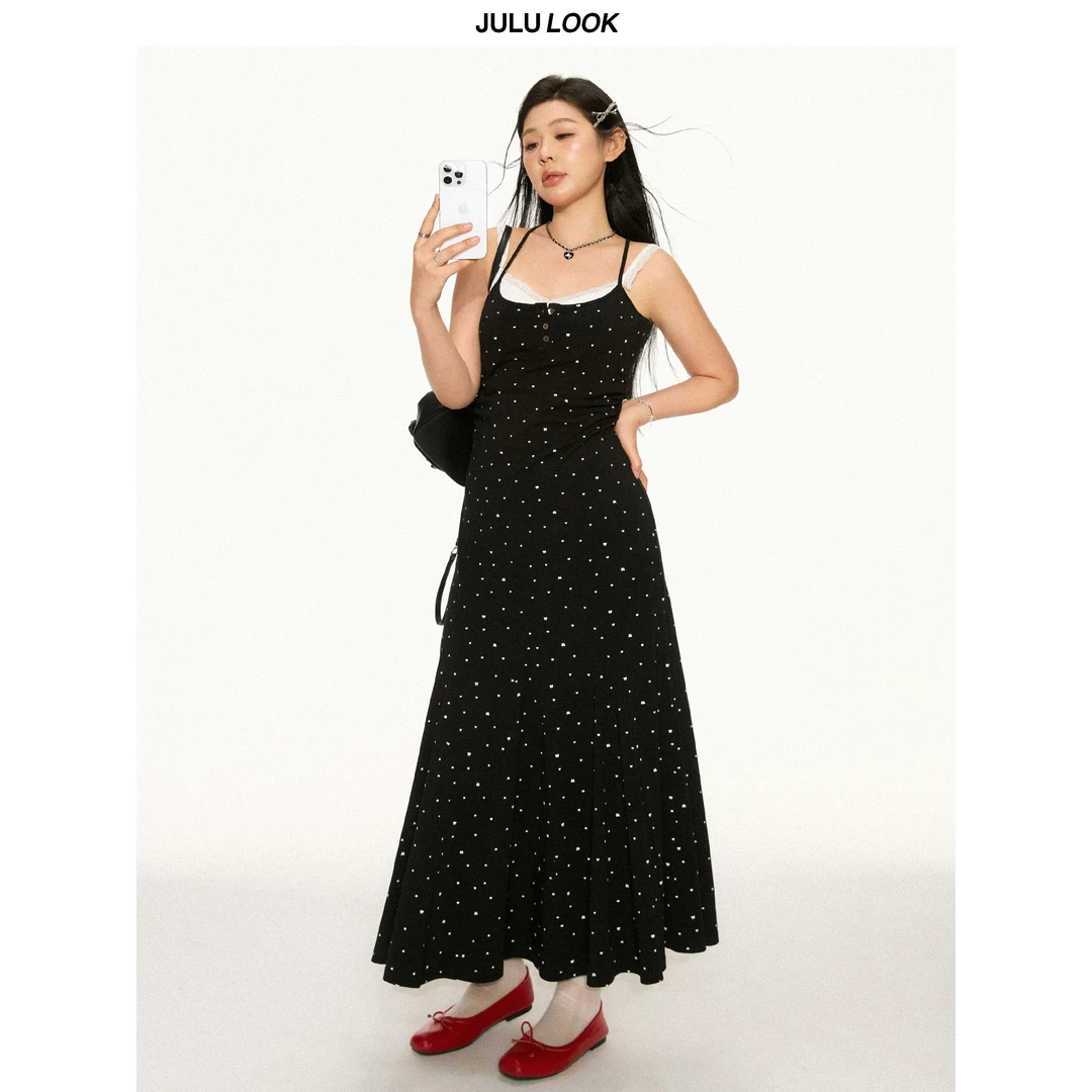 巨鹿工作室“自由叠穿”微胖mm纯欲风波点假两件连衣裙大码鱼尾裙