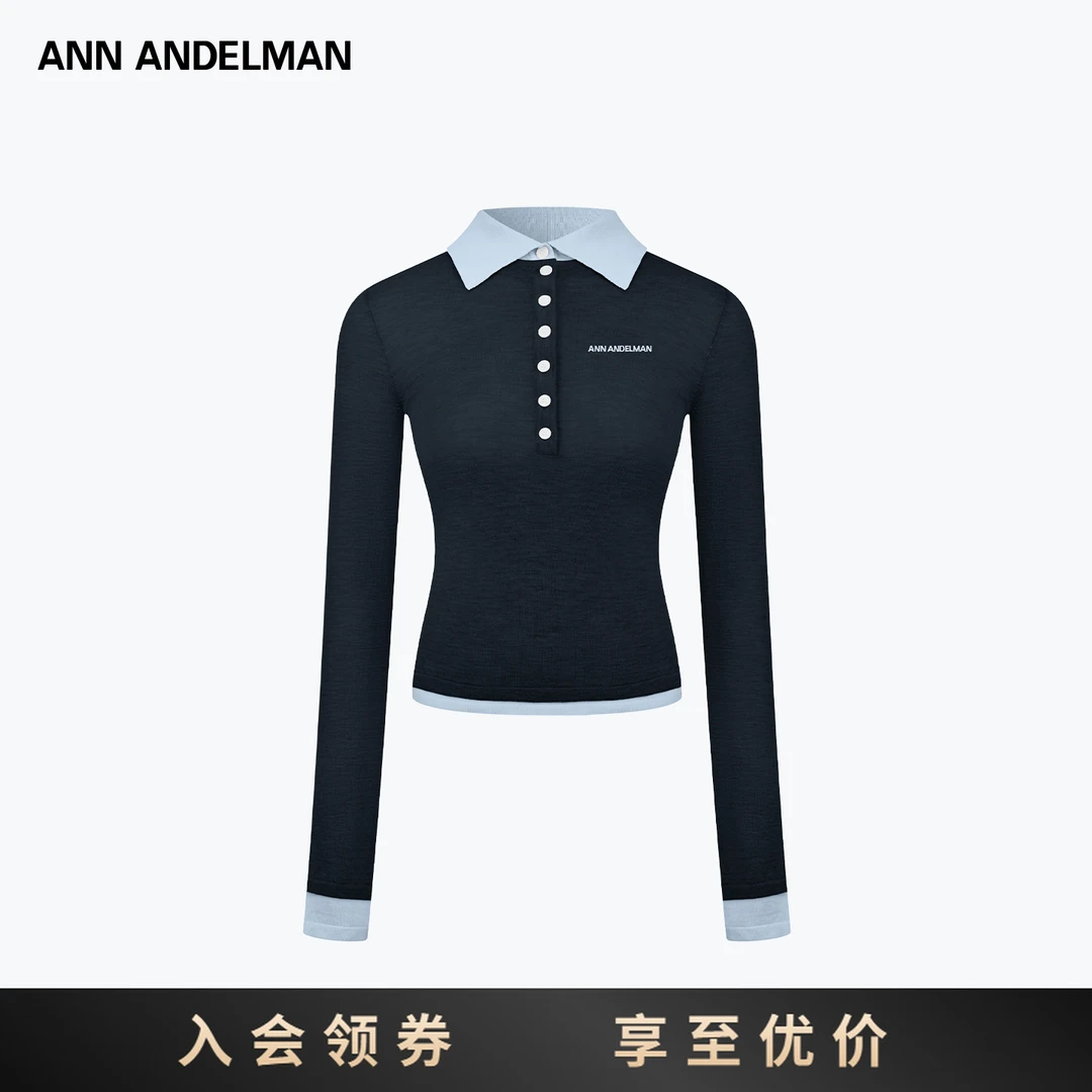 ANN ANDELMAN 25翻领针织撞色假两件毛织上衣上衣毛针织衫