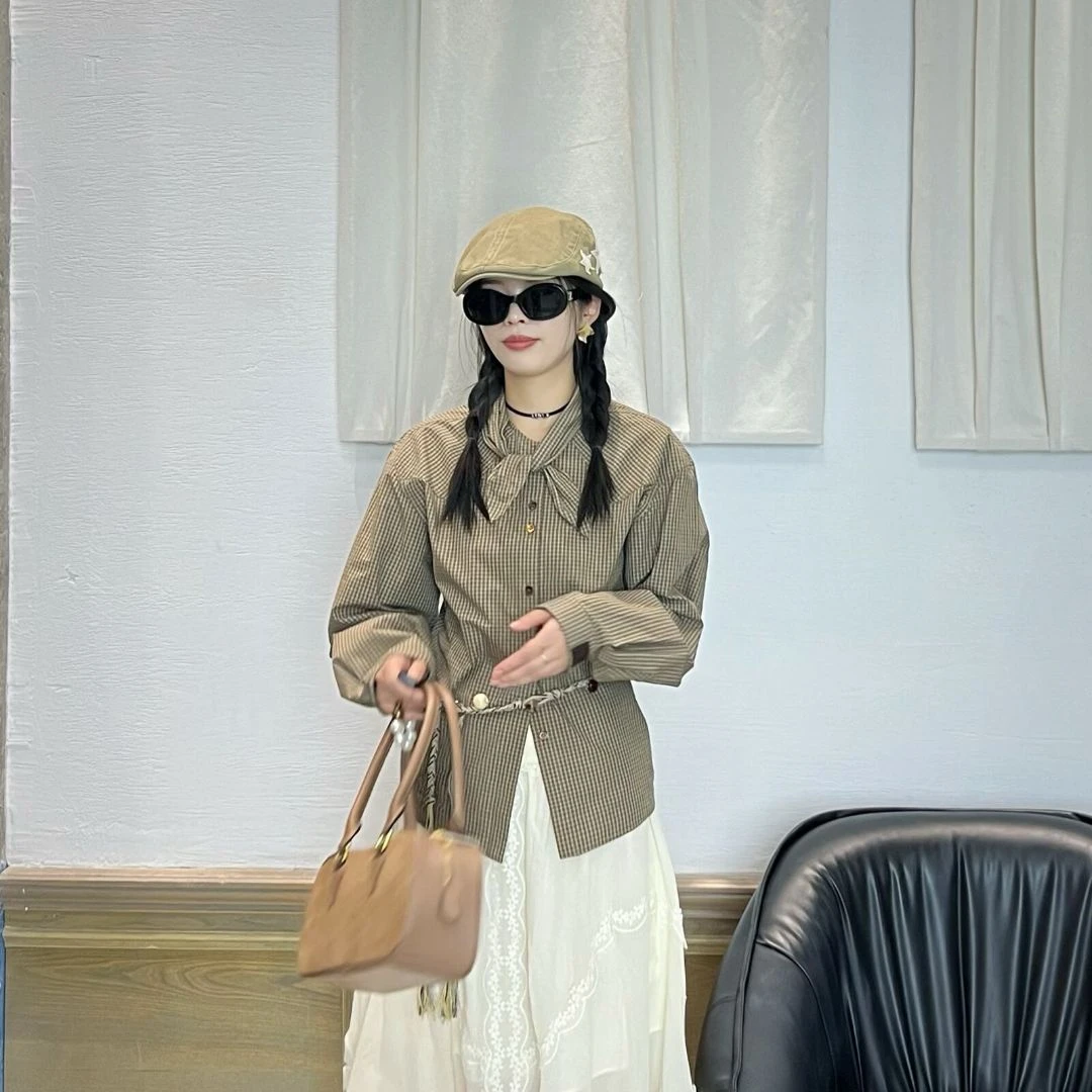 ICE｜系带格纹收腰衬衫假两件格子上衣衬衣25PFSH38DGice