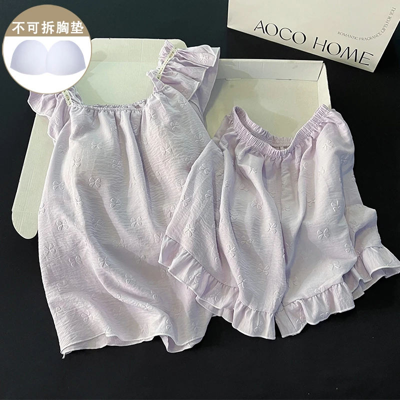 2025年新款紫色公主风睡衣女生夏季带胸垫甜美吊带短裤家居服套装