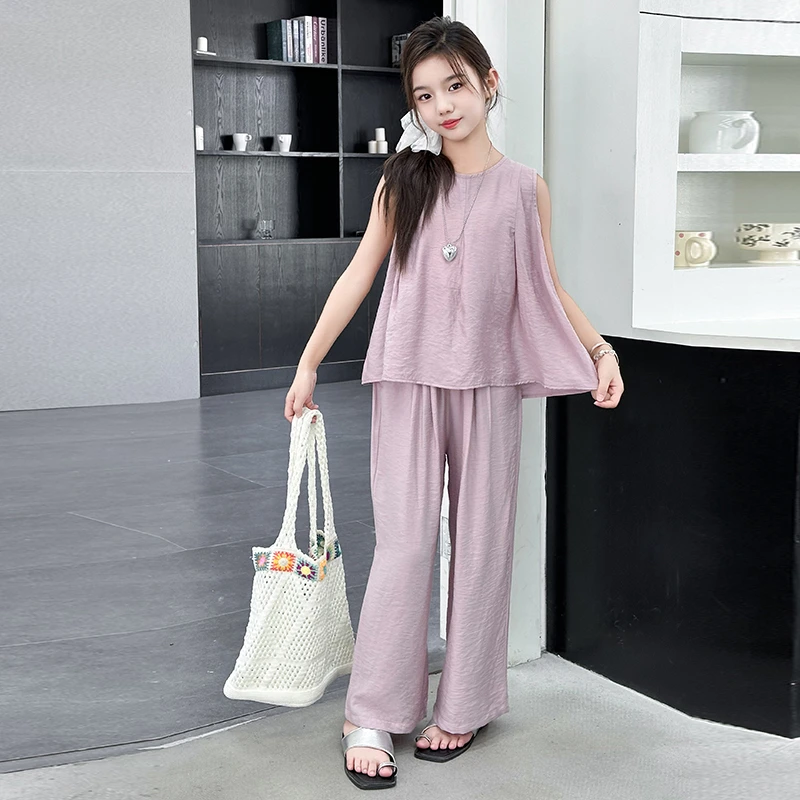 女童套装夏装山本裤2025新款大童时髦棉麻背心儿童夏季薄款阔腿裤