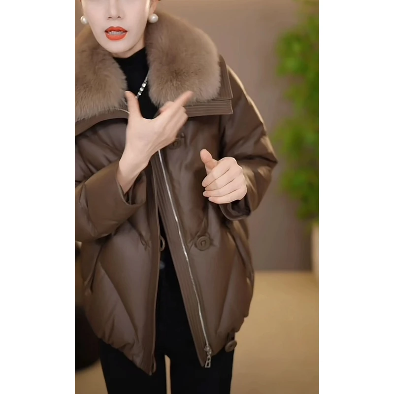 海宁仿狐狸毛领pu皮外套女2024冬季新款时尚保暖短款皮衣外套