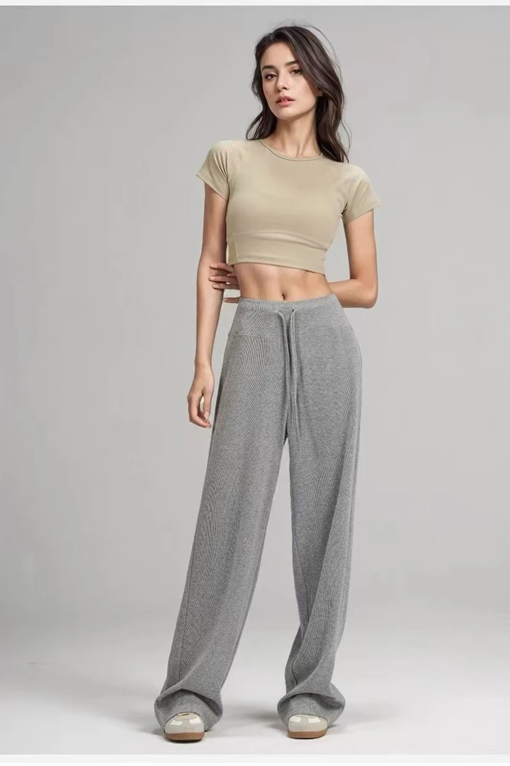 针织直筒裤高腰秋季休闲裤直筒长裤纯色裤子透气显瘦拖地垂感