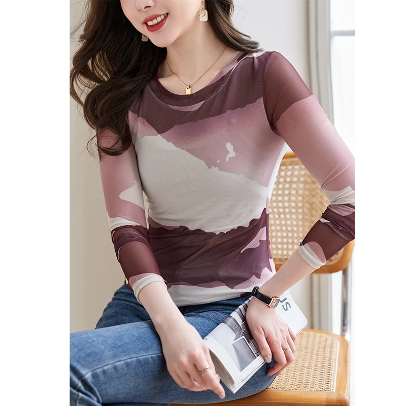 网纱扎染打底小衫女2025春秋新款时尚洋气修身印花长袖t恤上衣女