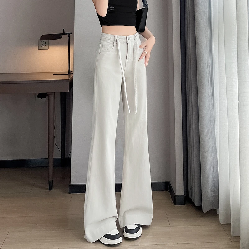 月光灰阔腿牛仔裤女今年流行爆款秋季高腰宽松垂感微喇裤腿拖地裤