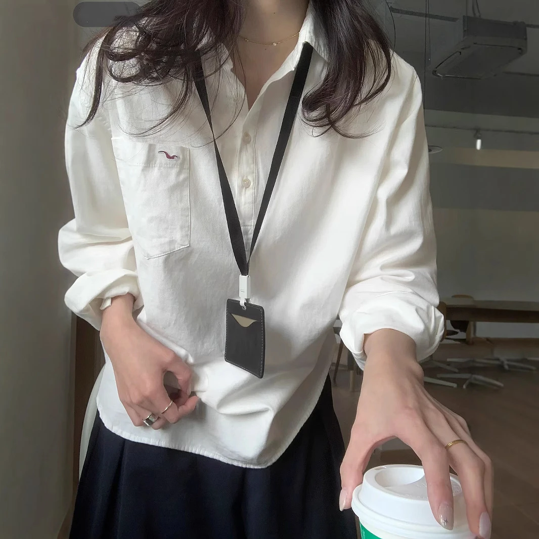 韩系简约刺绣柔软棉半门襟衬衫女长袖春秋季宽松休闲叠穿套头衬衣