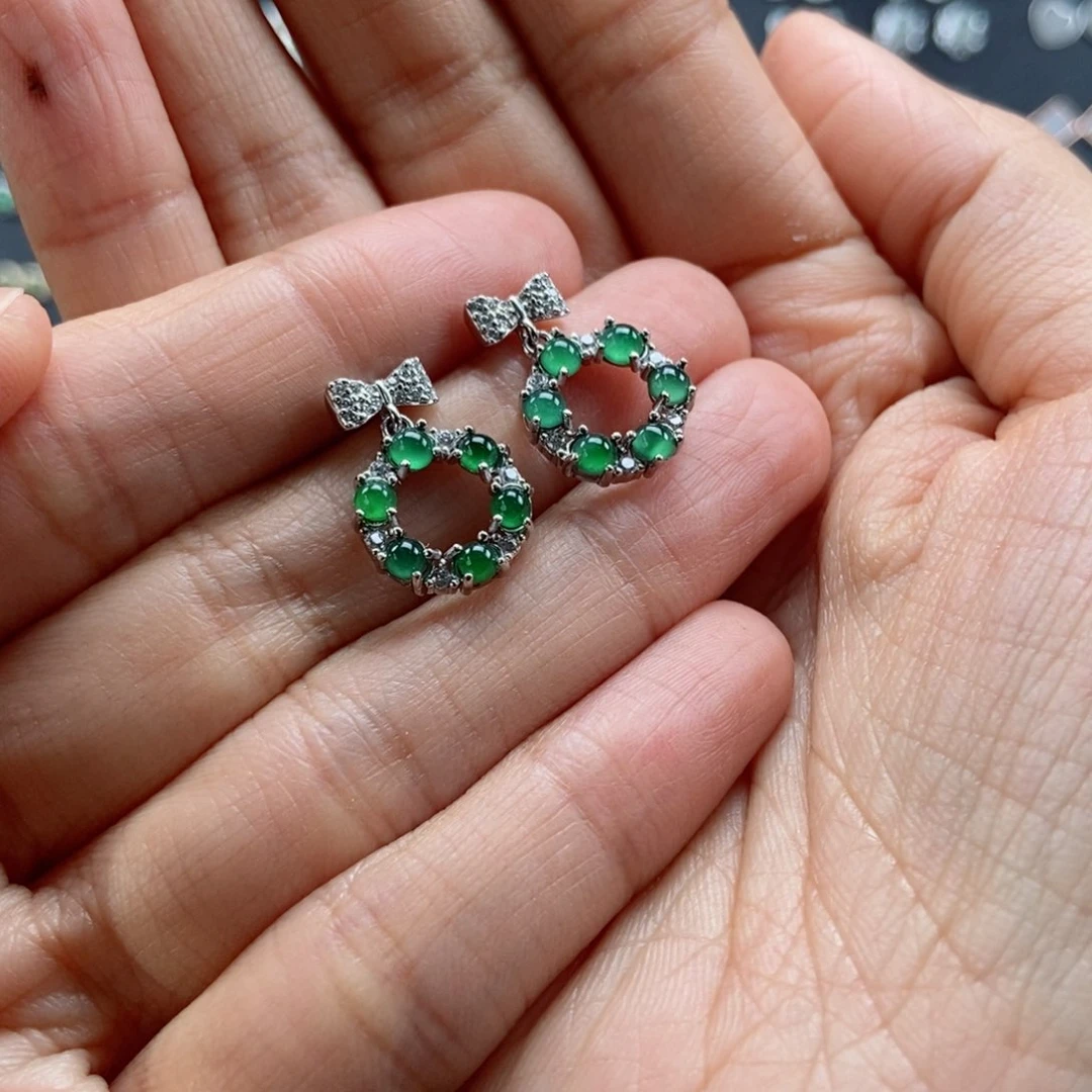 翡翠耳饰银S925镶嵌翡翠首饰