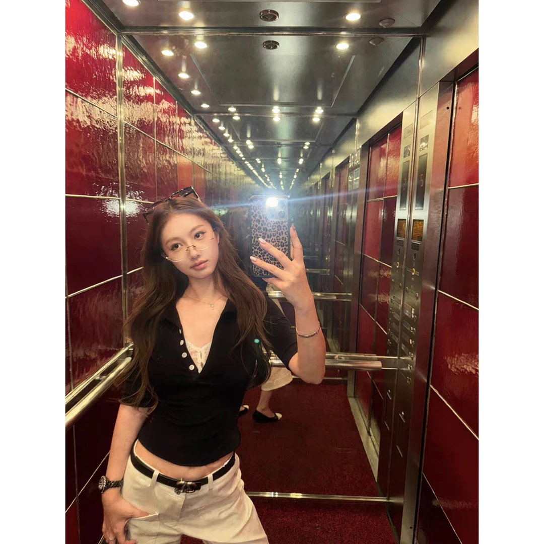 海妖风蕾丝假两件掐腰polo领中袖女Z 9052#