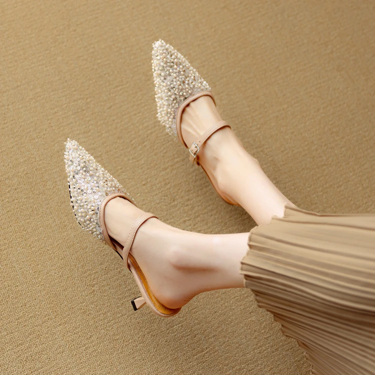 诗宝斐尔 细跟6.5CM法式珍珠网纱一字带高跟鞋凉拖女夏包头半拖鞋