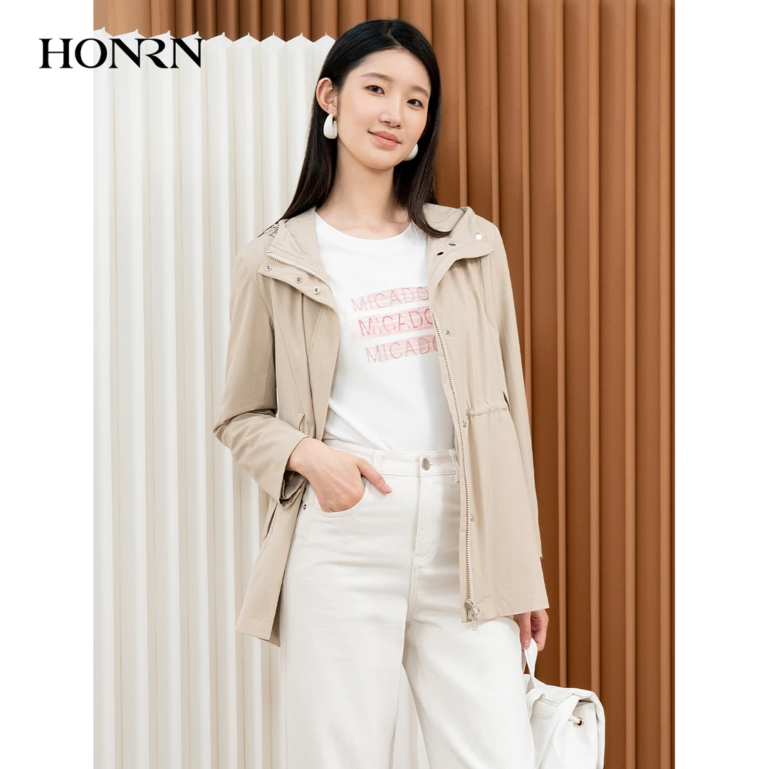 HONRN/红人长袖连帽短款休闲通勤风衣短外套女秋HI33OF410