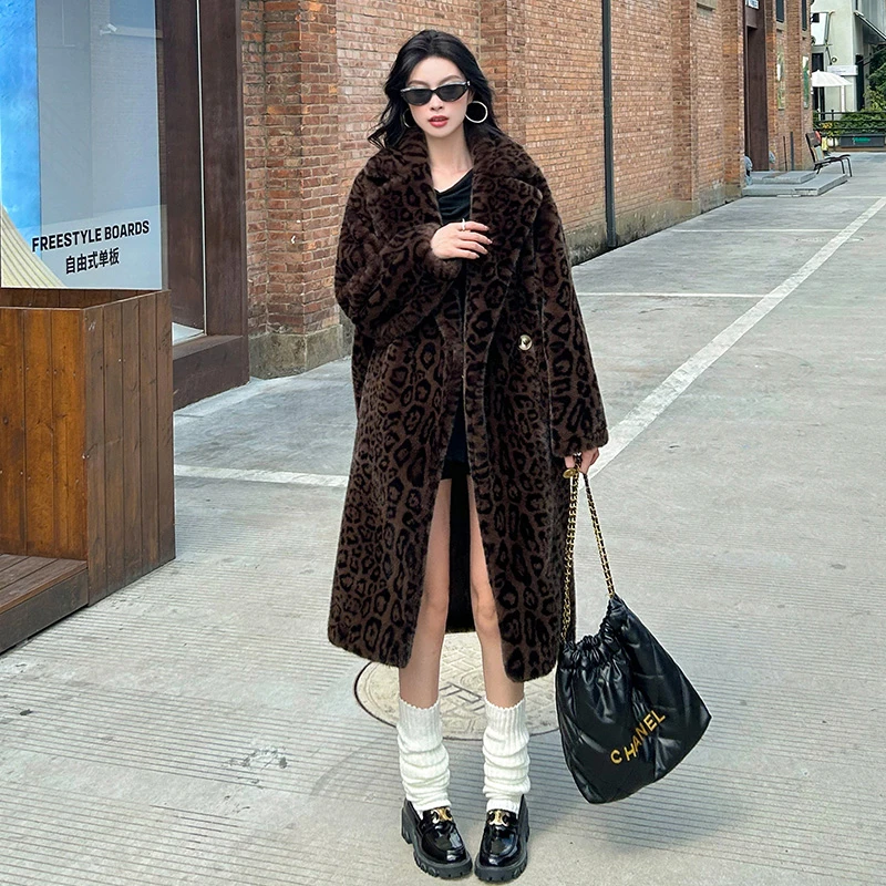 人造皮草 西装领宽松气质豹纹加厚仿毛大衣时尚长款大衣外套冬季