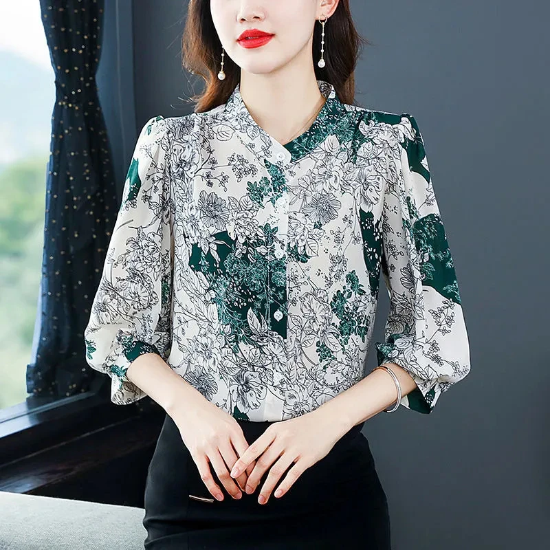 9916夏季新款网红雪纺七分袖衬衫木耳花边减龄显瘦妈妈装上衣女