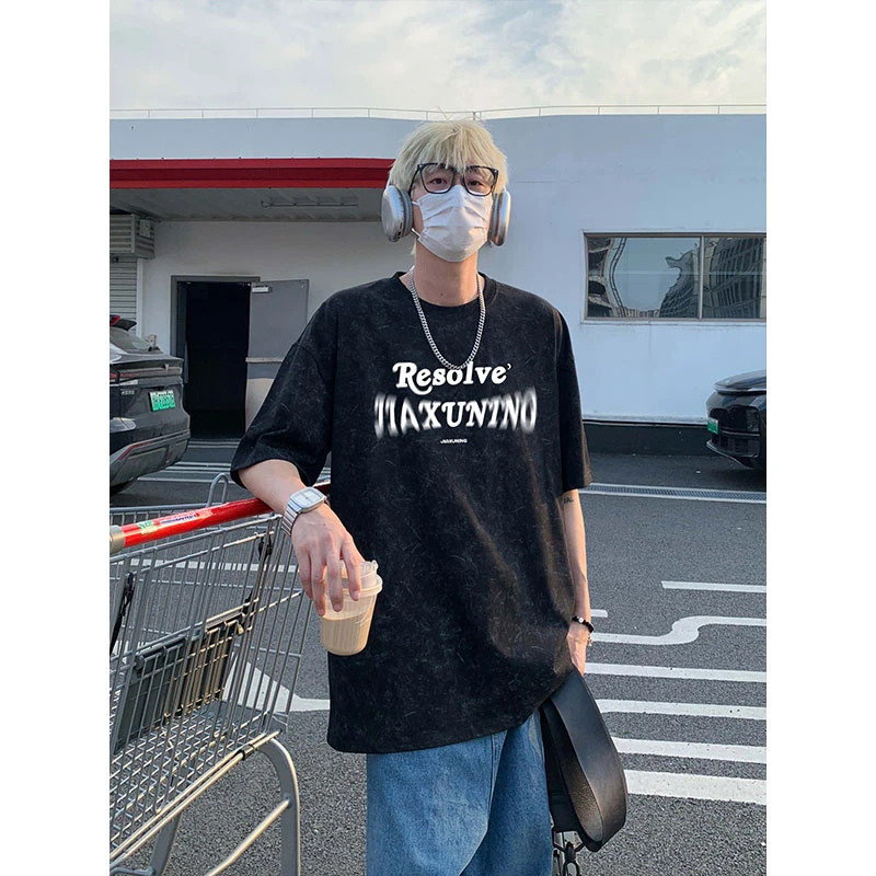 冰氧砂洗短袖T恤男2025新款夏季潮牌美式高街体恤宽松抗起球半袖