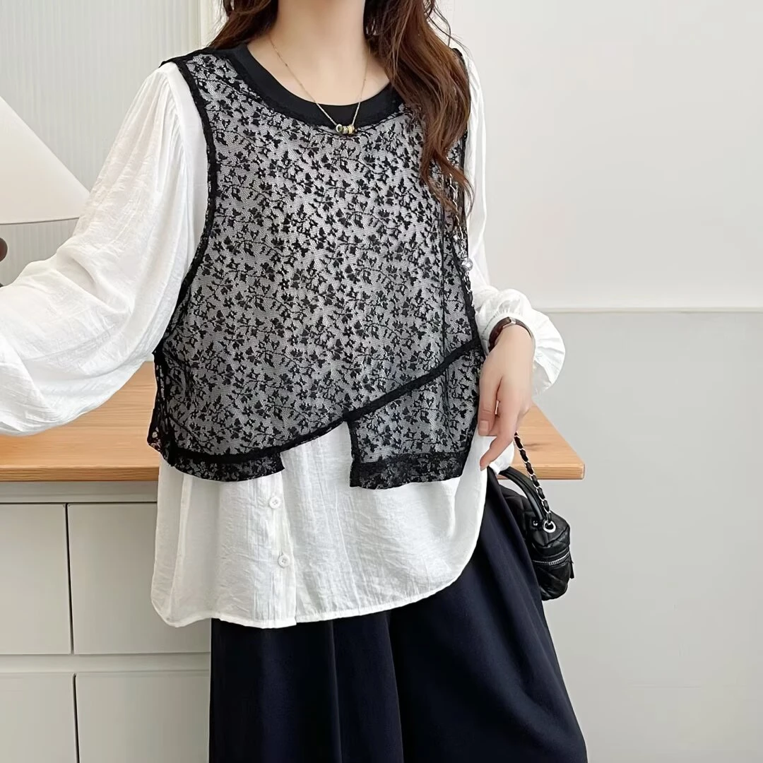 大码女装 胸116-140长袖蕾丝假两件衬衫1049#