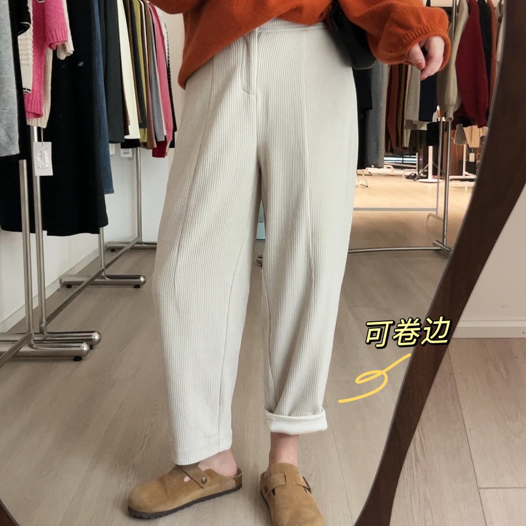 D10013高品质细坑条纹理高腰百搭舒适宽松显瘦裤