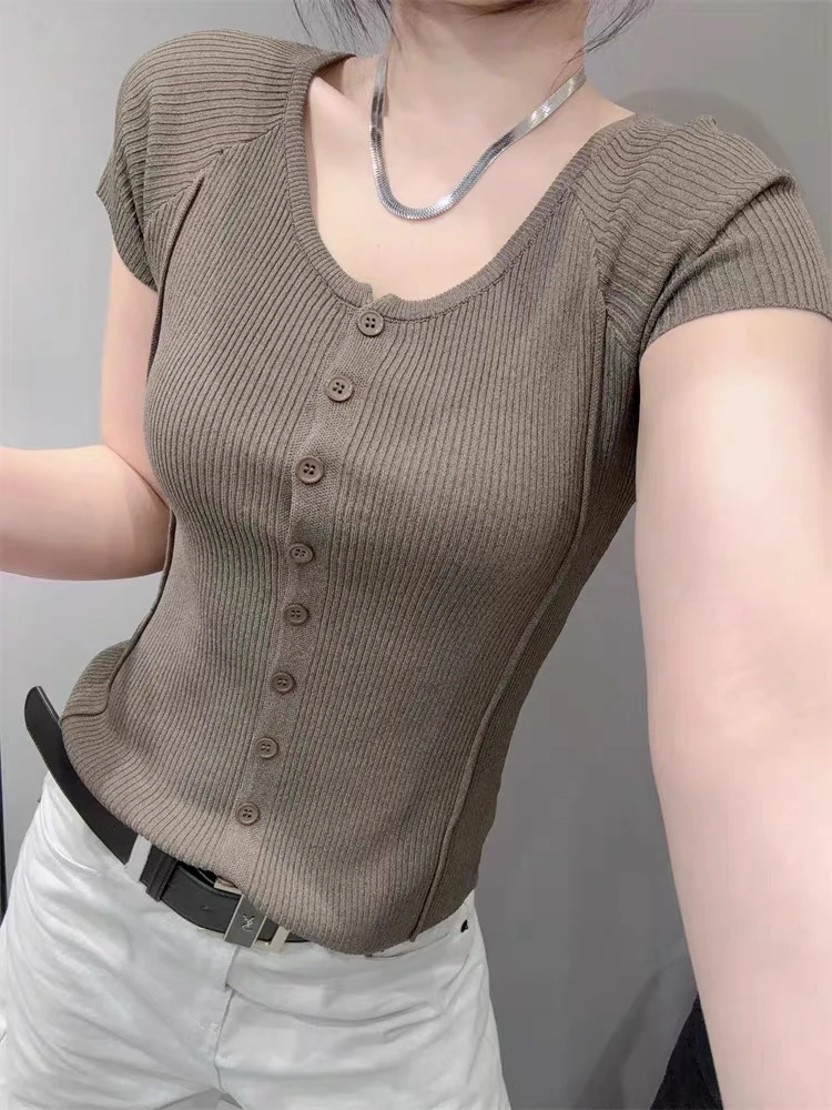 779 低圆领开衫短袖女冰丝针织衫时尚鱼骨洋气百搭紧上衣夏季