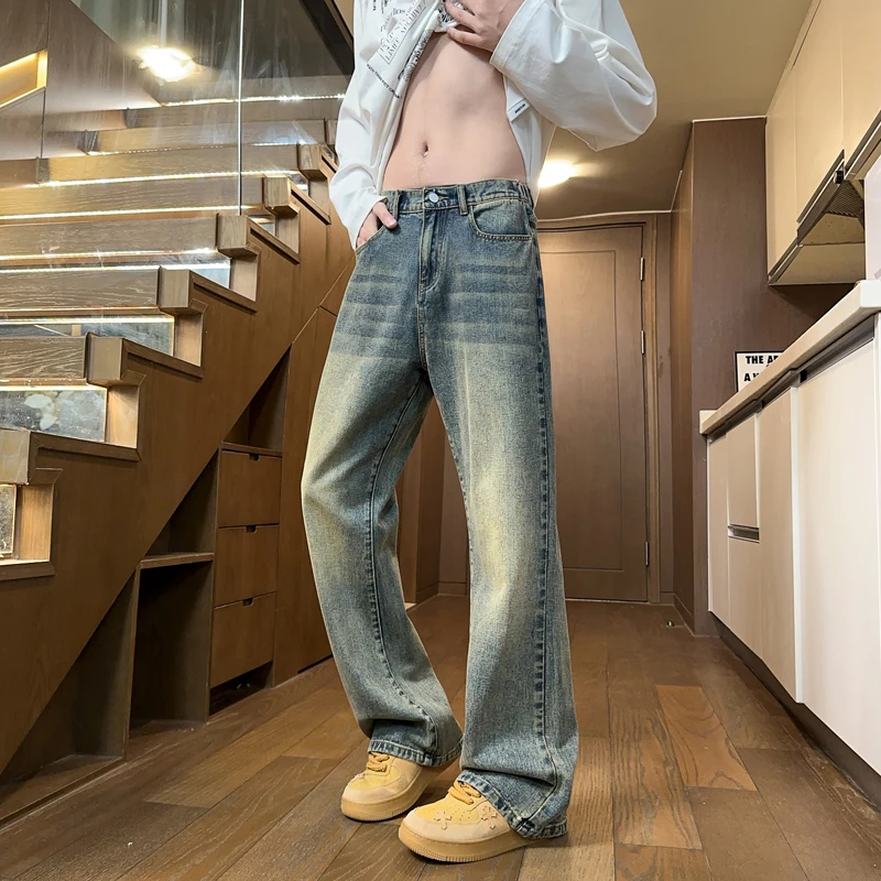 泥黄色牛仔裤男春秋季cleanfit显瘦裤子纽扣拉链微喇直筒裤子高街
