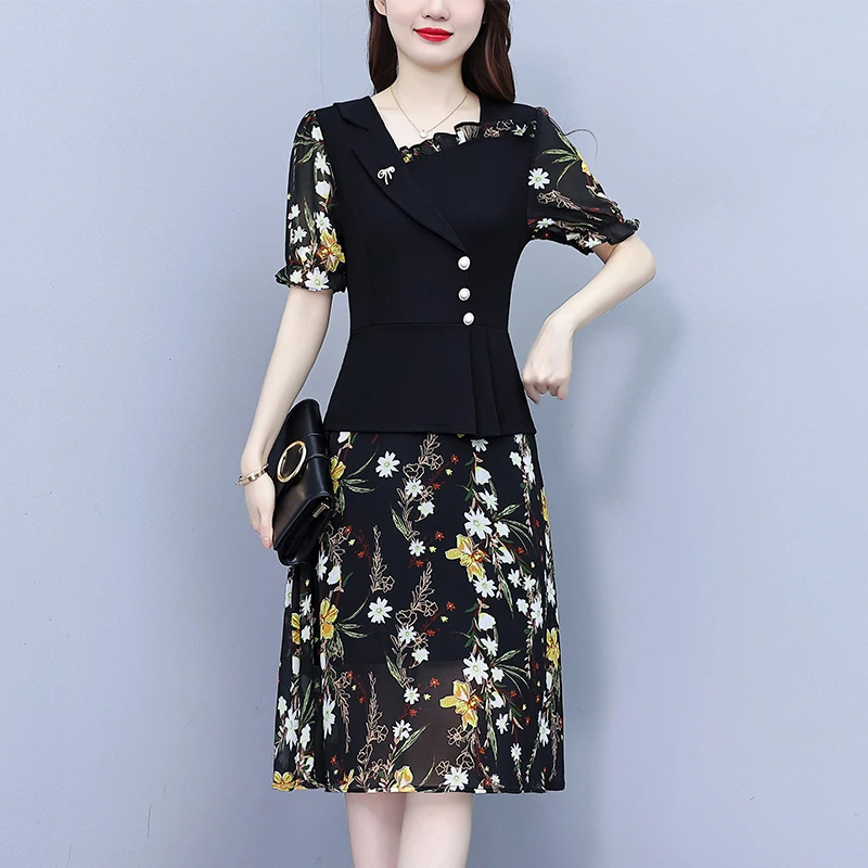 CD#8385 大码女装2025夏季胖mm西装领雪纺碎花拼接时尚遮肚中妈妈
