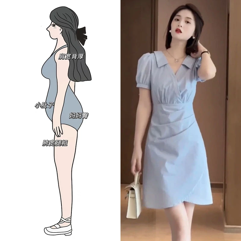 法式高级感泡泡袖连衣裙女2025新款小个子收腰显瘦褶皱气质衬衫裙