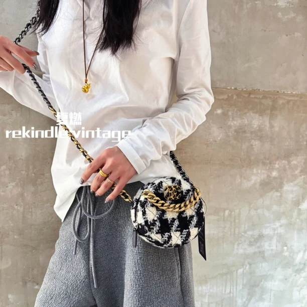 95新 Chanel/香奈儿 复燃精选/千鸟格毛呢小圆饼斜挎包28开
