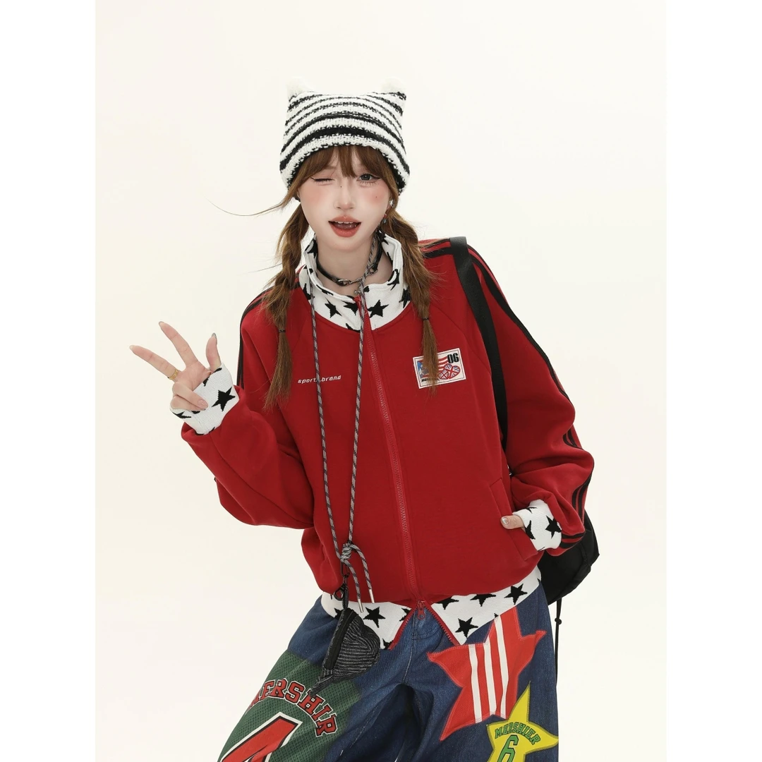 美式复古字母印花立领外套双拉链女秋季新款宽松显瘦百搭上衣开衫