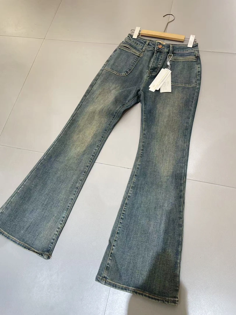 高腰厚款喇叭裤复古风中腰牛仔裤女装开叉秋季春季