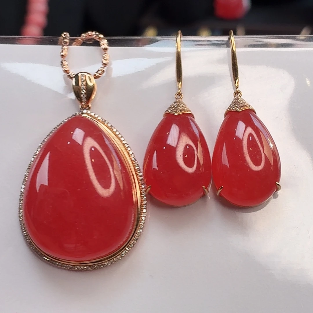 菱锰矿（红纹石）18K金镶嵌耳坠吊坠，套装