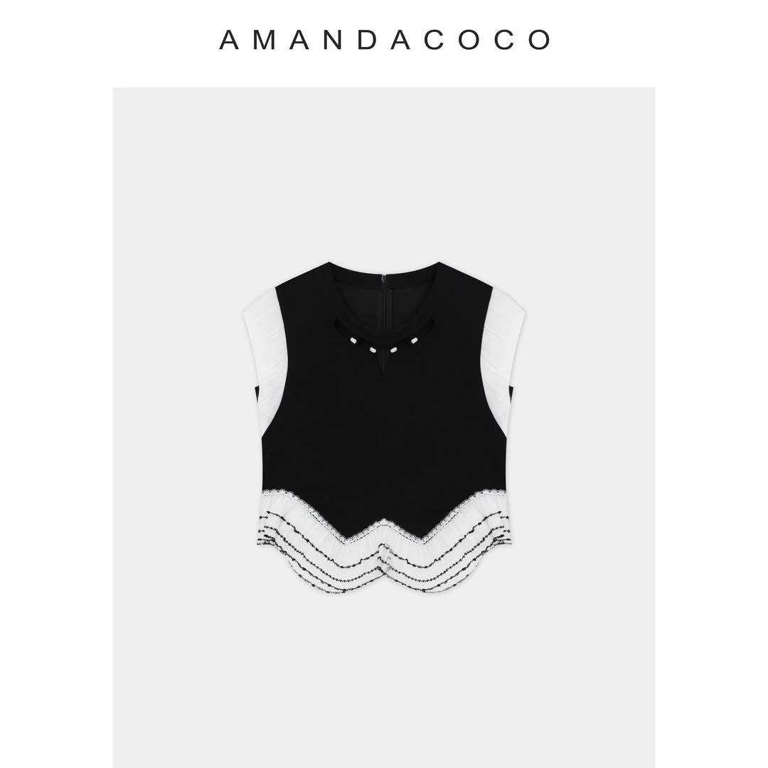 NANA# 赫本小调～轻奢法式撞色荷叶边拼接减龄短袖时尚气质上衣