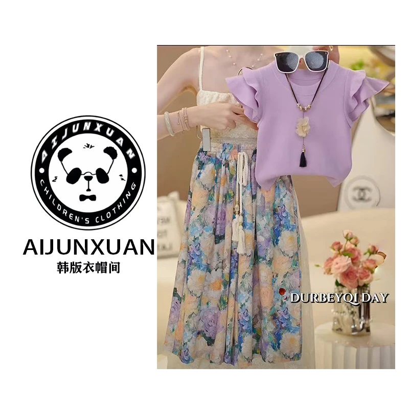 【专属定制】2025韩版女童套装夏季童装洋气时髦飞袖T恤裤子两件套