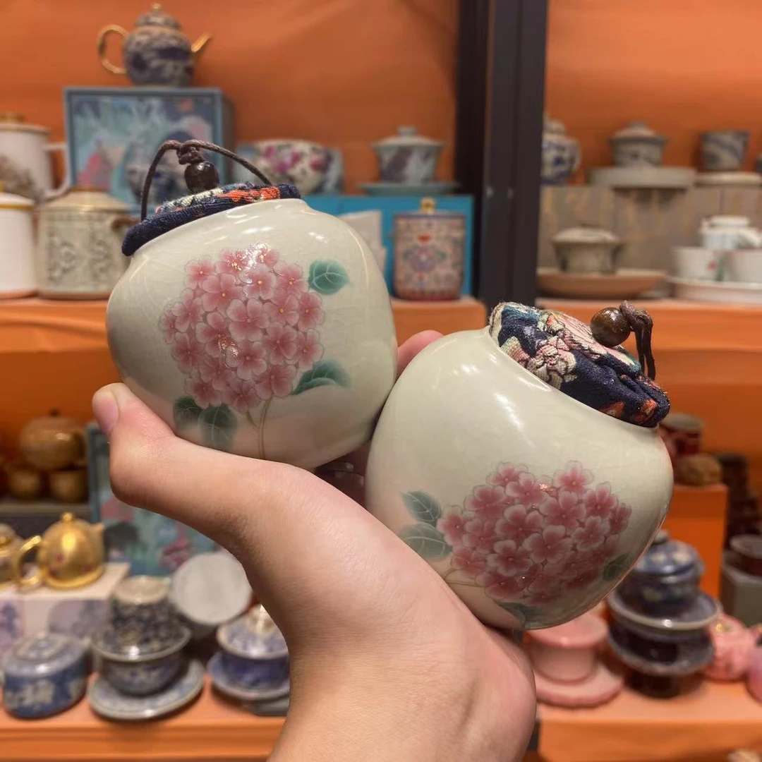 茗香瓷器 黄汝窑-红绣球布盖-小茶叶罐-6213